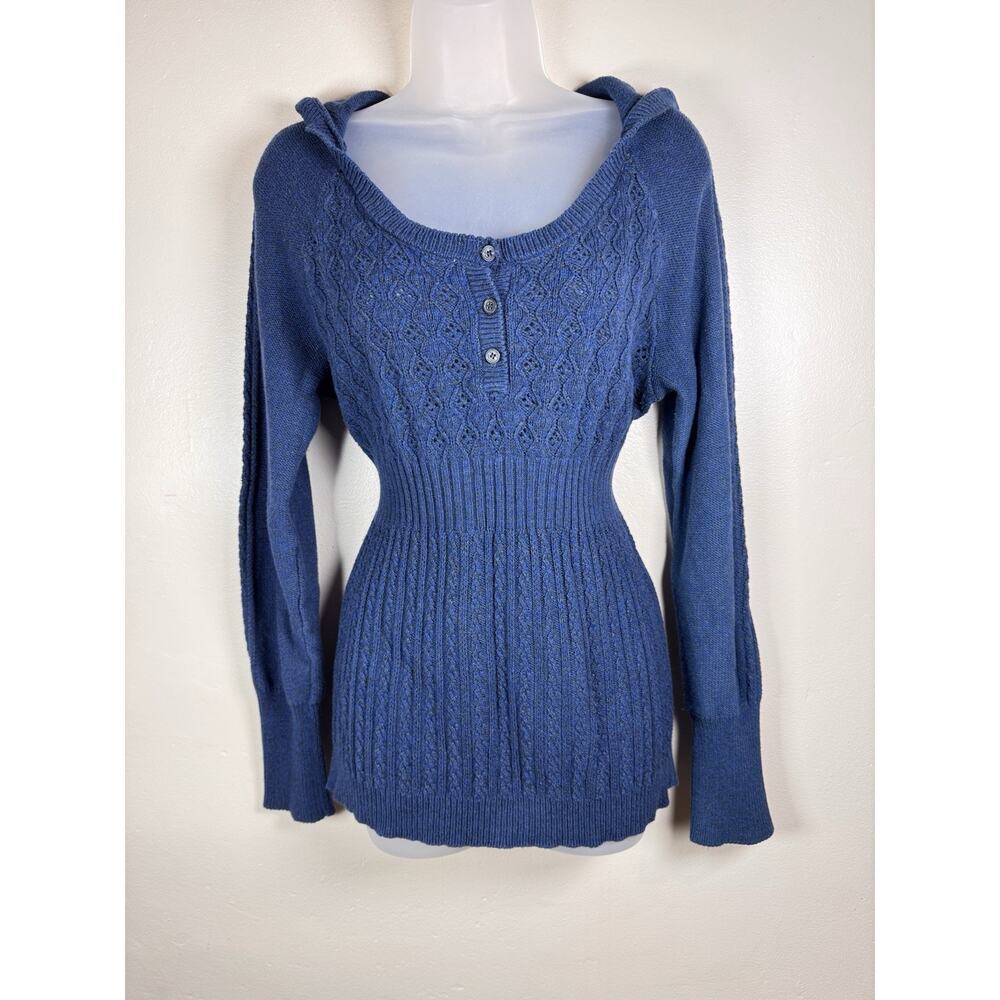 VTG DKNY Womens Sweater Y2K Babydoll Henley Knit Hooded Bella Swan Blue L